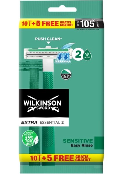 Extra Essential 2 Sensitive Erkek Kullan At Çift Bıçaklı Tıraş Bıçağı 10+5 Paket