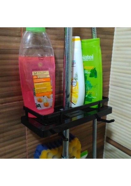 Siyah Duş Borusuna Sabitlenen Banyo Duş Rafı Şampuanlık Sabunluk Organizer