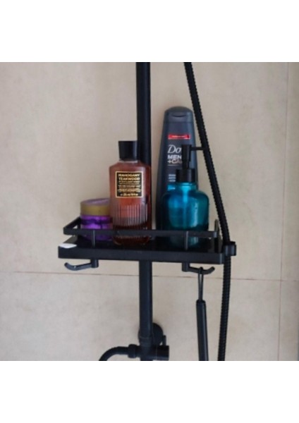 Siyah Duş Borusuna Sabitlenen Banyo Duş Rafı Şampuanlık Sabunluk Organizer