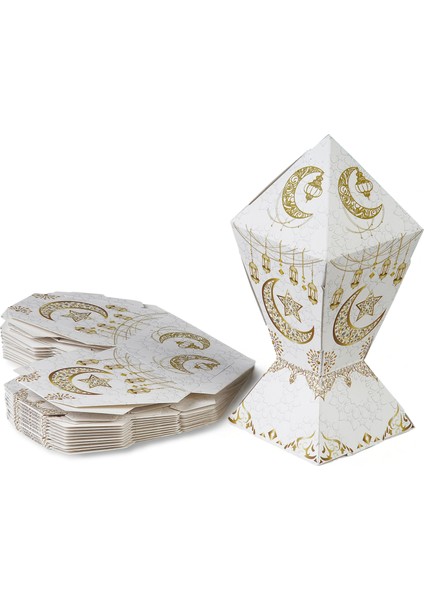 6lı Ramazan Şeker Hediye Kutusu, Beyaz&altın Ay, Yıldız, Fener Tasarımlı Şekerleme Kutusu, 7X7X12CM