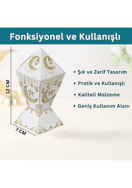 6lı Ramazan Şeker Hediye Kutusu, Beyaz&altın Ay, Yıldız, Fener Tasarımlı Şekerleme Kutusu, 7X7X12CM