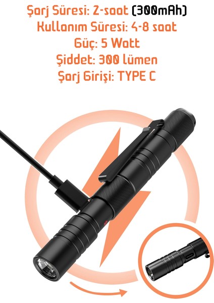3 Mod Şarjlı LED Kalem Tipi El Feneri Zoomlu Flaşörlü Polis Feneri 5 Watt Beyaz Işık 300 Lümen modelleri