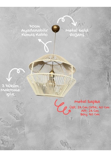 Filara Sarkıt Avize - Makrome Ip, Metal Iskelet (Ampul Dahil Değildir)
