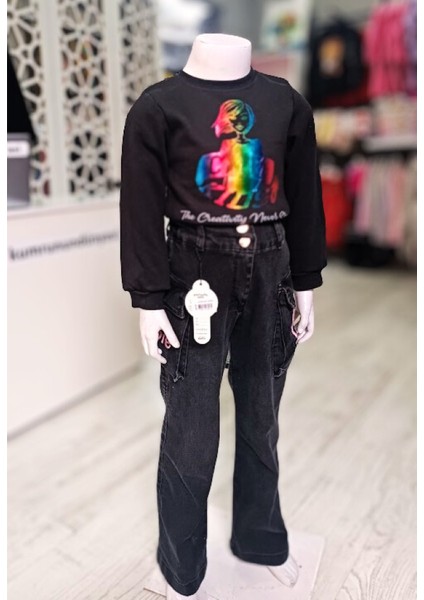 Siyah Kız Çocuk Geniş Bol Paça Jean Pantolon