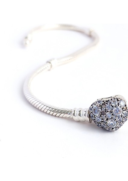 Gümüş P.ndora Pave Kalp Klips Tasarım Charm Taşıyıcı Kadın Bileklik Doğum Günü Hediye