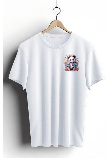 Unisex T-Shirt, Animals, Panda Tasarım Baskılı, Regular, Beyaz T-Shirt NO:00310