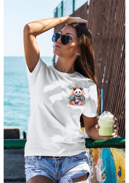 Unisex T-Shirt, Animals, Panda Tasarım Baskılı, Regular, Beyaz T-Shirt NO:00310
