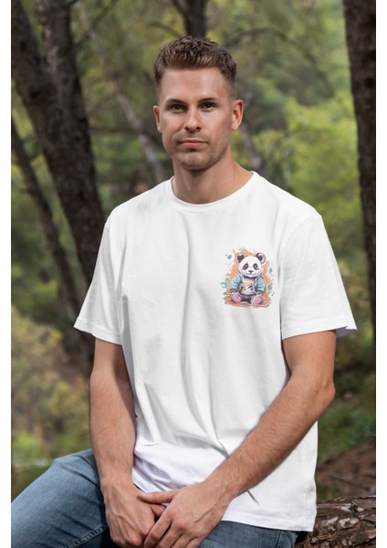 Unisex T-Shirt, Animals, Panda Tasarım Baskılı, Regular, Beyaz T-Shirt NO:00310