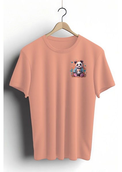 Unisex T-Shirt, Animals, Panda Tasarım Baskılı, Regular, Somon T-Shirt NO:00310