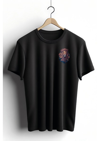 Unisex T-Shirt, Animals, Aslan Tasarım Baskılı, Regular, Siyah T-Shirt NO:00318