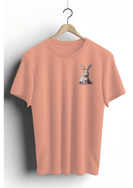 Unisex T-Shirt, Animals, Sevimli Tavşan Tasarım Baskılı, Regular, Somon T-Shirt NO:00393