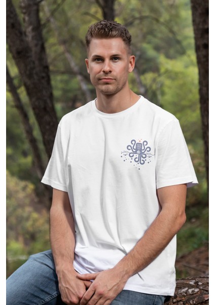 Unisex T-Shirt, Kraken Loves Boat Tasarım Baskı, Regular, Pamuk, Beyaz T-Shirt NO:00445