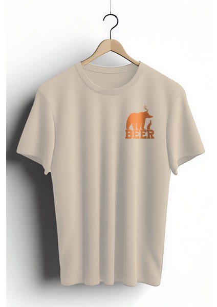 Unisex T-Shirt, Bear Beer Tasarım Baskılı, Regular, Pamuk, Krem T-Shirt NO:00207