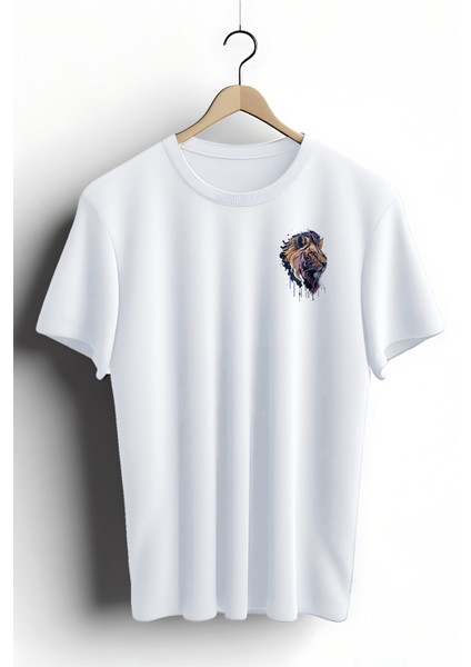 Unisex T-Shirt, Animals, Aslan Tasarım Baskılı, Regular, Beyaz T-Shirt NO:00391