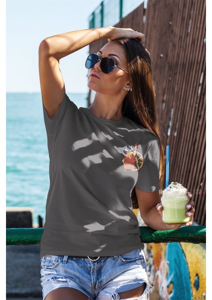 Unisex T-Shirt, Renkli Baskılı, Regular, Pamuk, Antrasit T-Shirt NO:00433 fiyatları