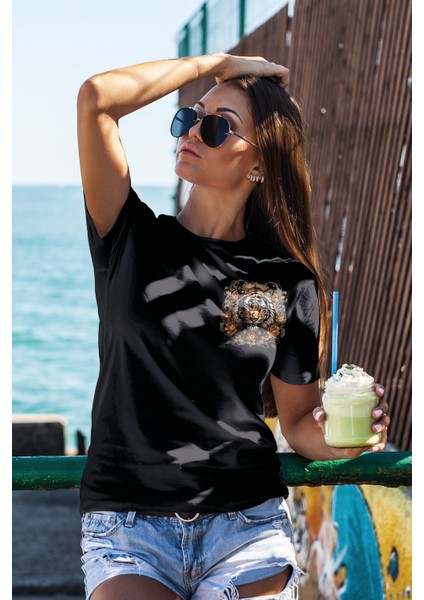 Unisex T-Shirt, Animals, Leopar Tasarım Baskılı, Regular, %100 Pamuk, Siyah T-Shirt NO:00371 fiyatları