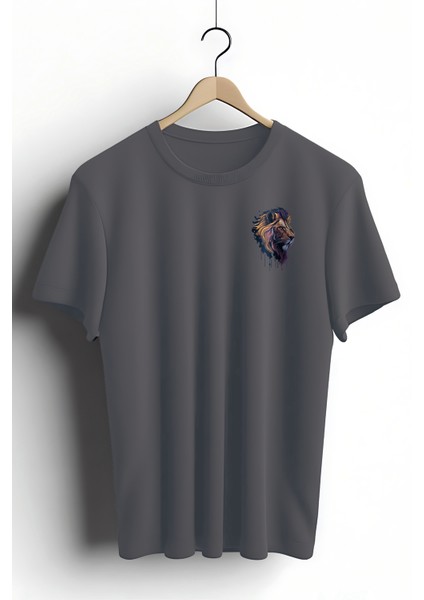 Unisex T-Shirt, Animals, Aslan Tasarım Baskılı, Regular, Antrasit T-Shirt NO:00391
