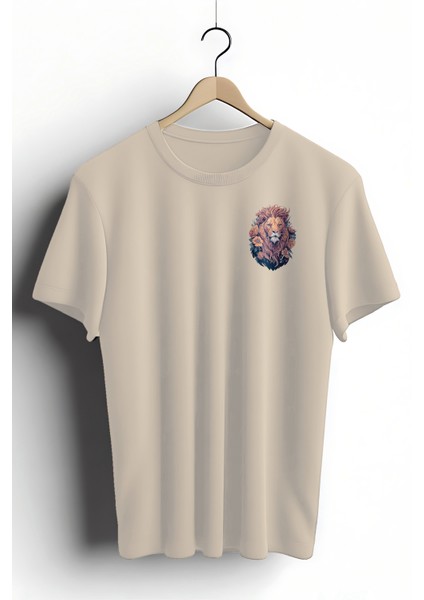 Unisex T-Shirt, Animals, Aslan Tasarım Baskılı, Regular, Krem T-Shirt NO:00318