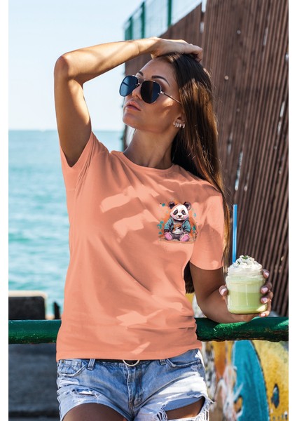 Unisex T-Shirt, Animals, Panda Tasarım Baskılı, Regular, Somon T-Shirt NO:00310