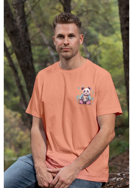 Unisex T-Shirt, Animals, Panda Tasarım Baskılı, Regular, Somon T-Shirt NO:00310