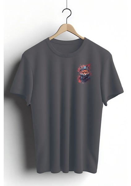 Unisex T-Shirt, Animals, Tilki Tasarım Baskılı, Regular, Antrasit T-Shirt NO:00311