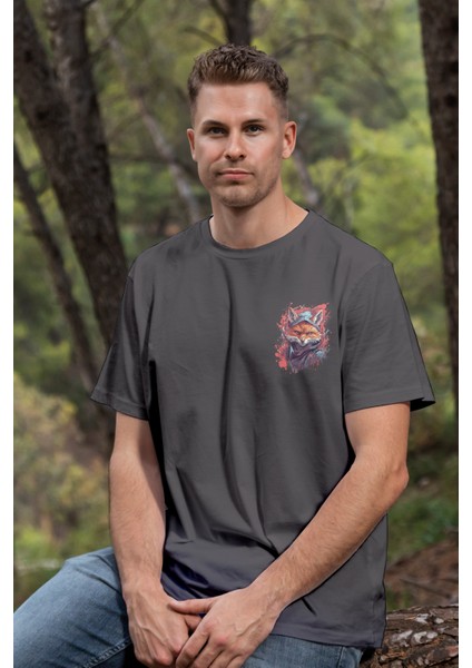 Unisex T-Shirt, Animals, Tilki Tasarım Baskılı, Regular, Antrasit T-Shirt NO:00311