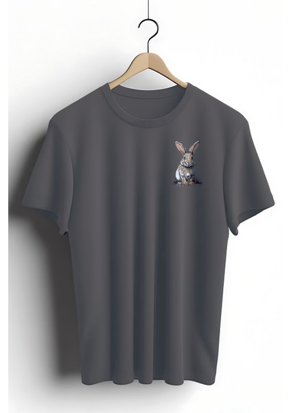 Unisex T-Shirt, Animals, Sevimli Tavşan Tasarım Baskılı, Regular, %100 Pamuk, Antrasit T-Shirt NO:00393