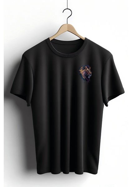 Unisex T-Shirt, Animals, Aslan Tasarım Baskılı, Oversize, Siyah T-Shirt NO:00391