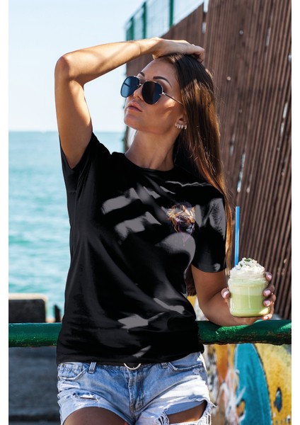 Unisex T-Shirt, Animals, Aslan Tasarım Baskılı, Oversize, Siyah T-Shirt NO:00391