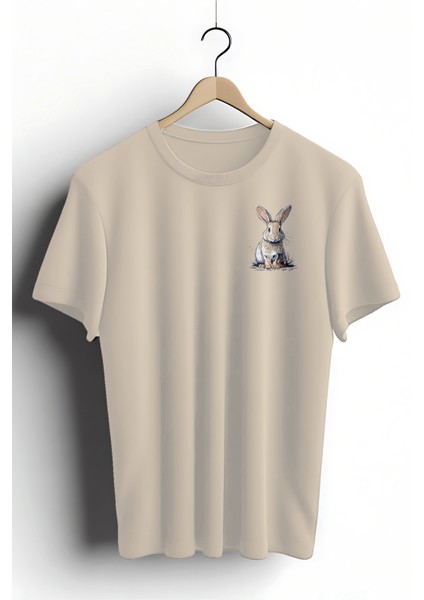 Unisex T-Shirt, Animals, Sevimli Tavşan Tasarım Baskılı, Regular, %100 Pamuk, Krem T-Shirt NO:00393