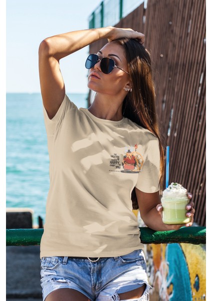 Unisex T-Shirt, Renkli Baskılı, Oversize, Pamuk, Krem T-Shirt NO:00433