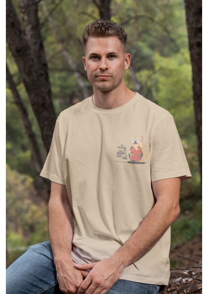 Unisex T-Shirt, Renkli Baskılı, Oversize, Pamuk, Krem T-Shirt NO:00433