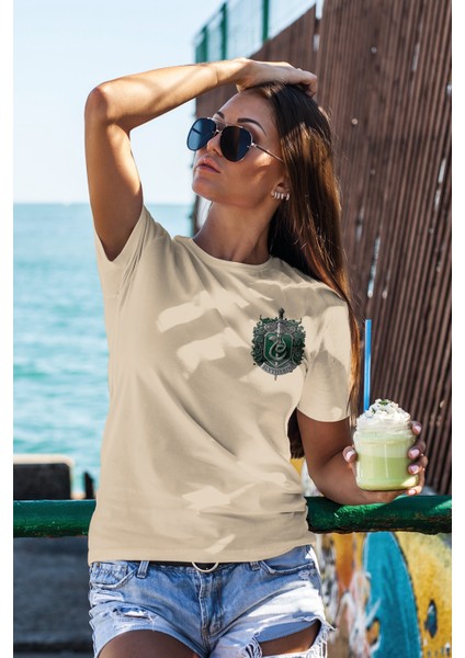 Unisex T-Shirt, Slytherin Tasarım Baskılı,oversize, Pamuk,krem T-Shirt No: 00529