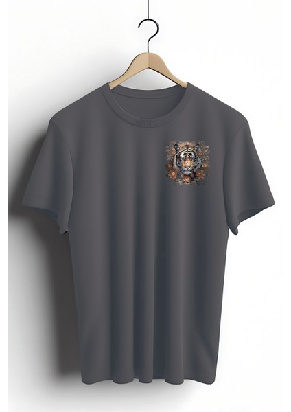 Unisex T-Shirt, Animals, Leopar Tasarım Baskılı, Regular, %100 Pamuk, Antrasit, T-Shirt NO:00371