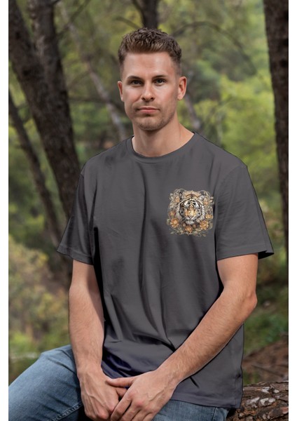 Unisex T-Shirt, Animals, Leopar Tasarım Baskılı, Regular, %100 Pamuk, Antrasit, T-Shirt NO:00371 modelleri