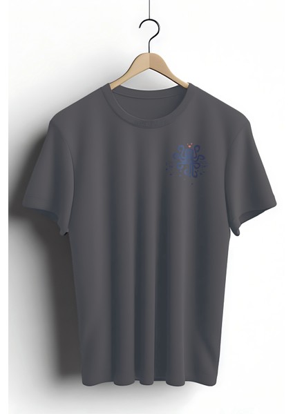Unisex T-Shirt, Kraken Loves Boat Tasarım Baskılı, Oversize, Pamuk, Antrasit T-Shirt NO:00445