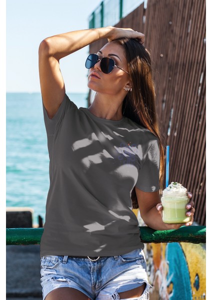 Unisex T-Shirt, Kraken Loves Boat Tasarım Baskılı, Oversize, Pamuk, Antrasit T-Shirt NO:00445