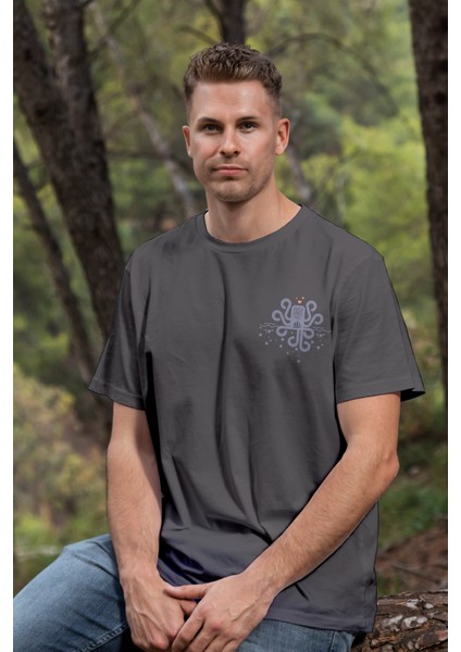 Unisex T-Shirt, Kraken Loves Boat Tasarım Baskılı, Oversize, Pamuk, Antrasit T-Shirt NO:00445