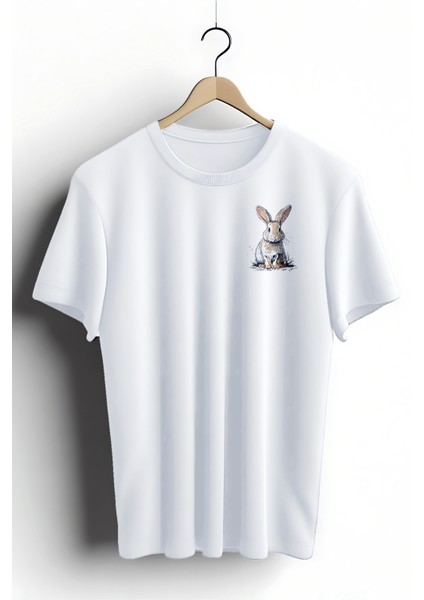 Unisex T-Shirt, Animals, Sevimli Tavşan Tasarım Baskılı, Regular, Beyaz T-Shirt NO:00393