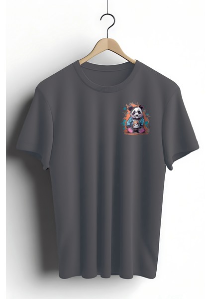 Unisex T-Shirt, Animals, Panda Tasarım Baskılı, Regular, Antrasit T-Shirt NO:00310