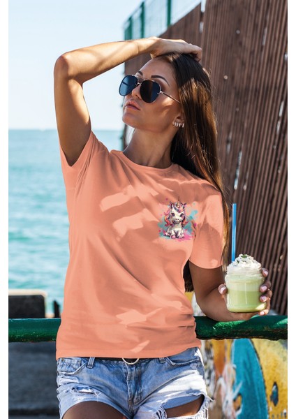 Unisex T-Shirt, Animals, Unicorn Tasarım Baskılı, Regular, Somon T-Shirt NO:00312