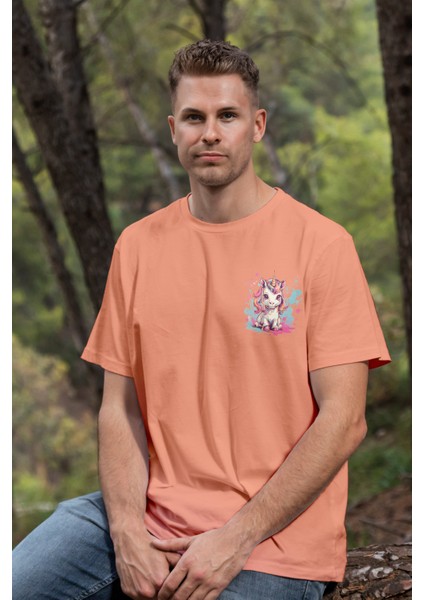 Unisex T-Shirt, Animals, Unicorn Tasarım Baskılı, Regular, Somon T-Shirt NO:00312
