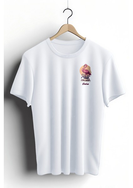 Unisex T-Shirt, Animals, Retro Kuğu Tasarım Baskılı, Regular, %100 Pamuk, Beyaz T-Shirt No: 00535