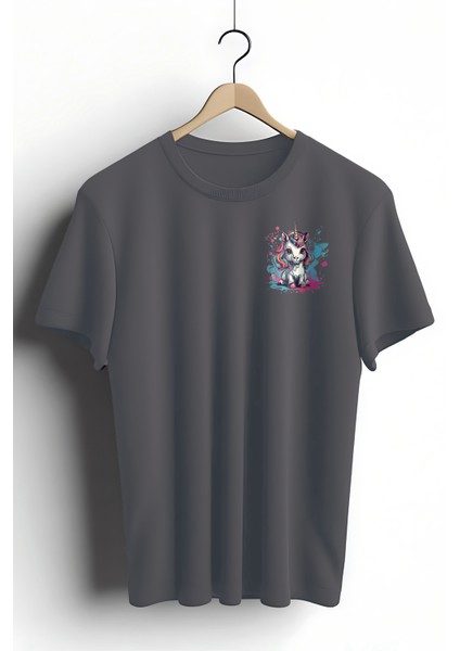 Unisex T-Shirt, Animals, Unicorn Tasarım Baskılı, Regular, Antrasit T-Shirt NO:00312