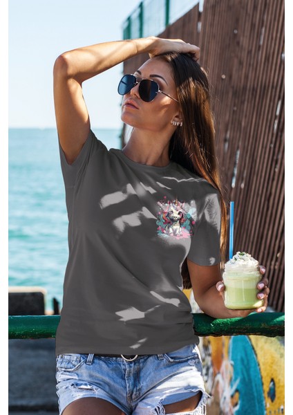 Unisex T-Shirt, Animals, Unicorn Tasarım Baskılı, Regular, Antrasit T-Shirt NO:00312 fiyatları
