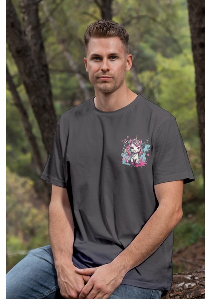 Unisex T-Shirt, Animals, Unicorn Tasarım Baskılı, Regular, Antrasit T-Shirt NO:00312 modelleri