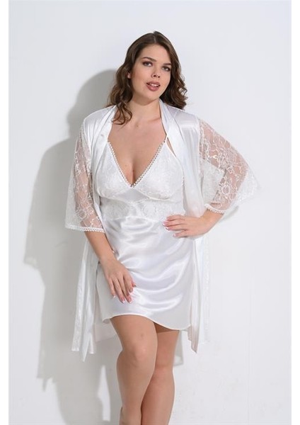 Aria's Closet Büyük Beden 2li Ekru Sabahlık Takımı Bigsize