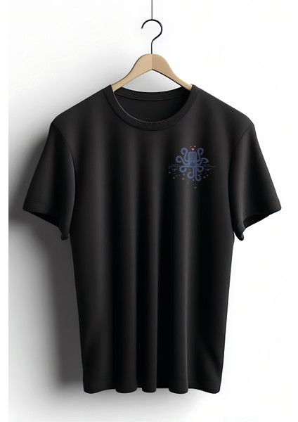 Unisex T-Shirt, Kraken Loves Boat Tasarım Baskılı, Regular, Pamuk, Siyah T-Shirt NO:00445