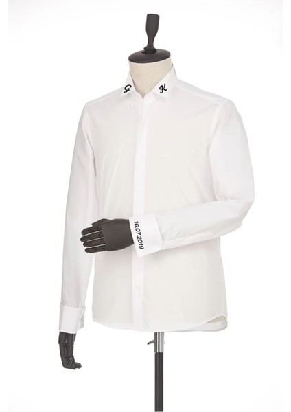 Kişiye Özel Dikim Damatlık Ata Yaka Isimli Nakışlı Erkek Gömlek