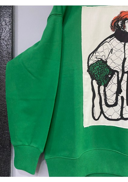 Yeşil Oversize Baskılı Sweatshirt